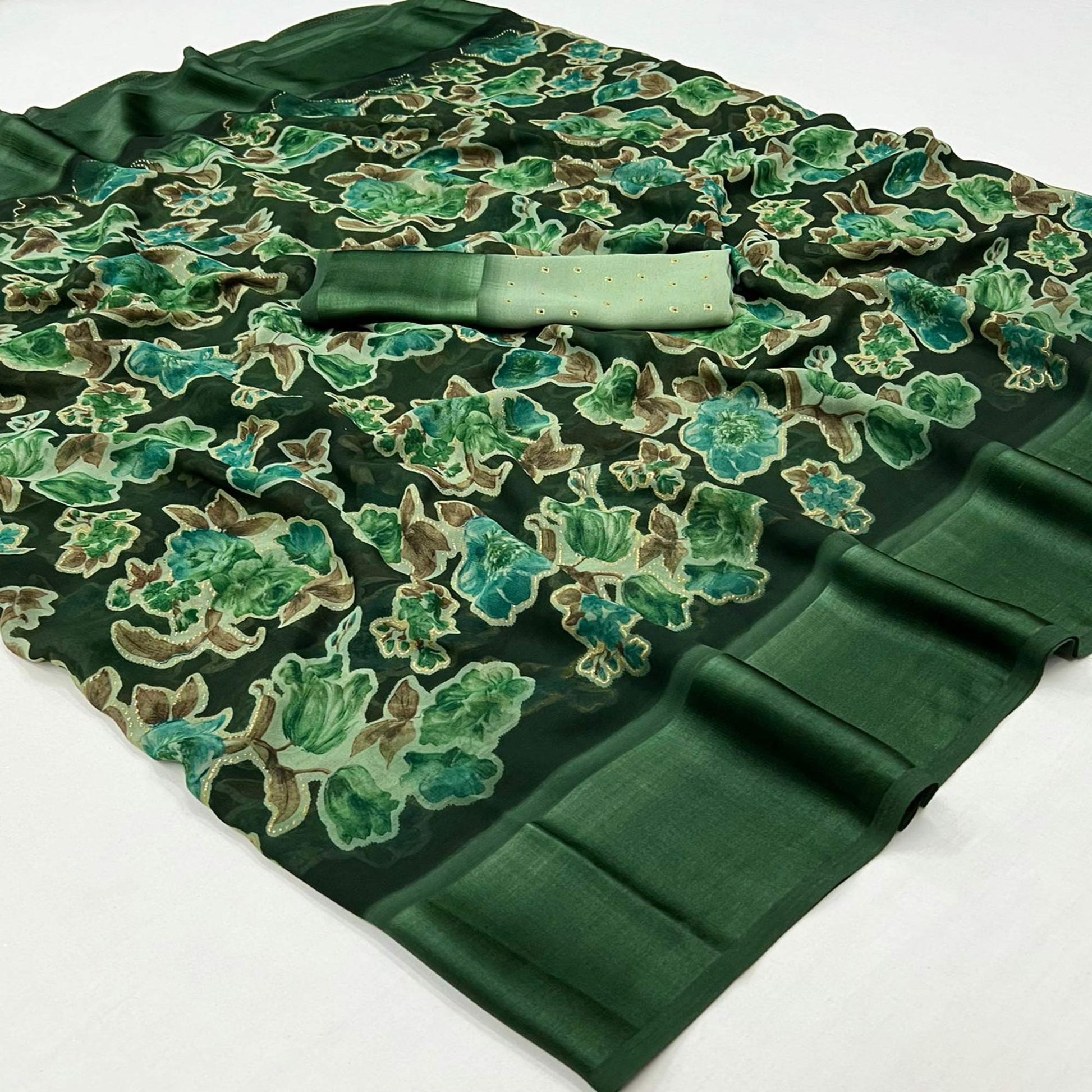 green-floral-foil-printed-cotton-silk-saree