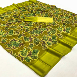 Lime Green Floral Foil Printed Cotton Silk Saree