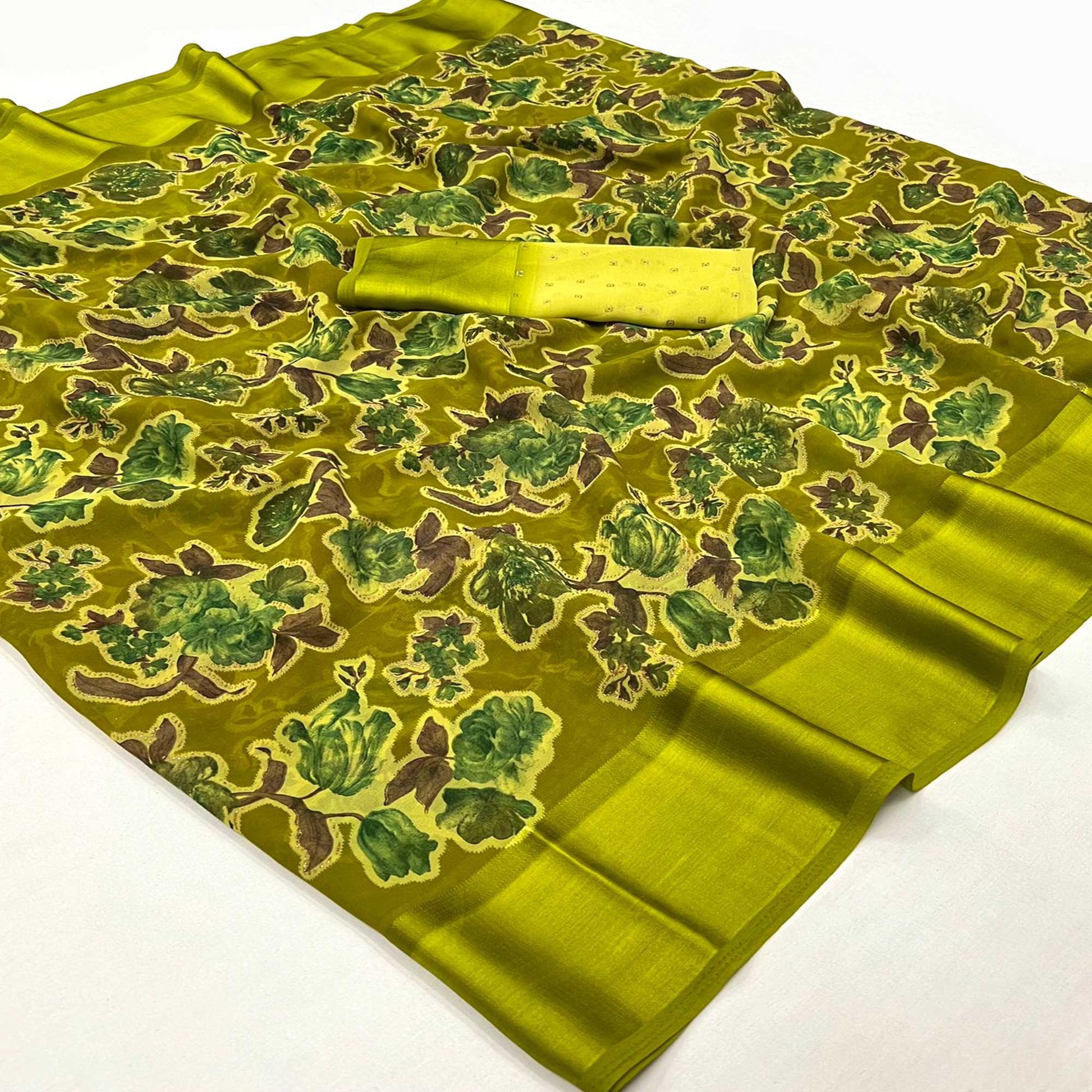 Lime Green Floral Foil Printed Cotton Silk Saree