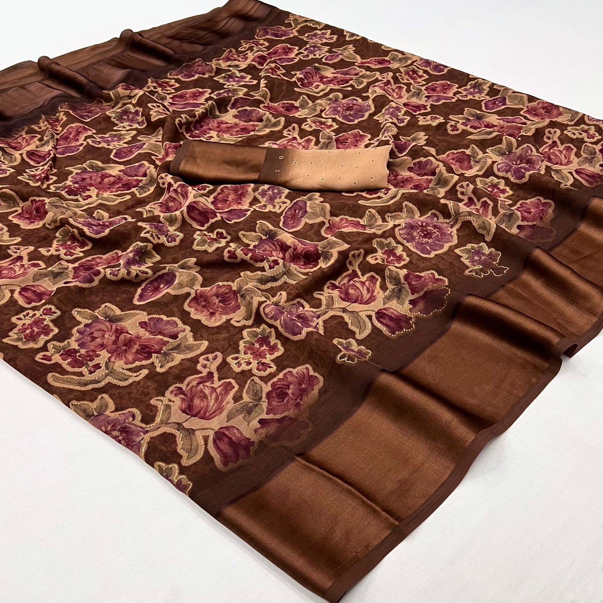 Brown Floral Foil Printed Cotton Silk Saree