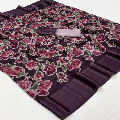 Dark Purple Floral Foil Printed Cotton Silk Saree
