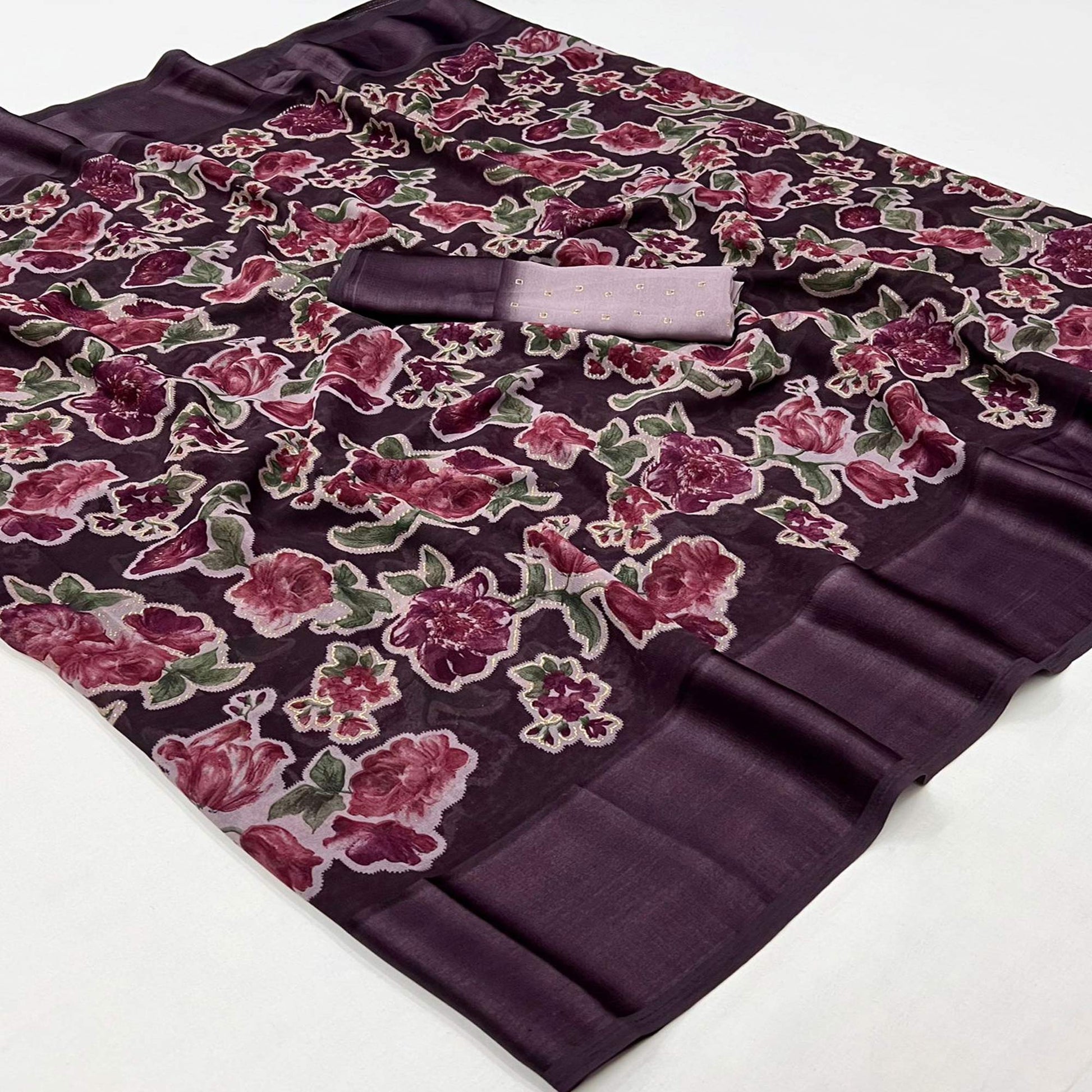 Dark Purple Floral Foil Printed Cotton Silk Saree