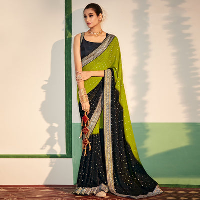 green-black-foil-printed-georgette-saree