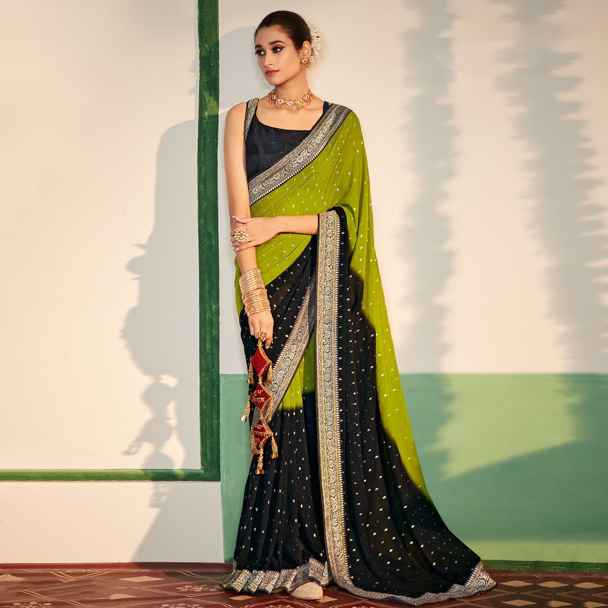 green-black-foil-printed-georgette-saree