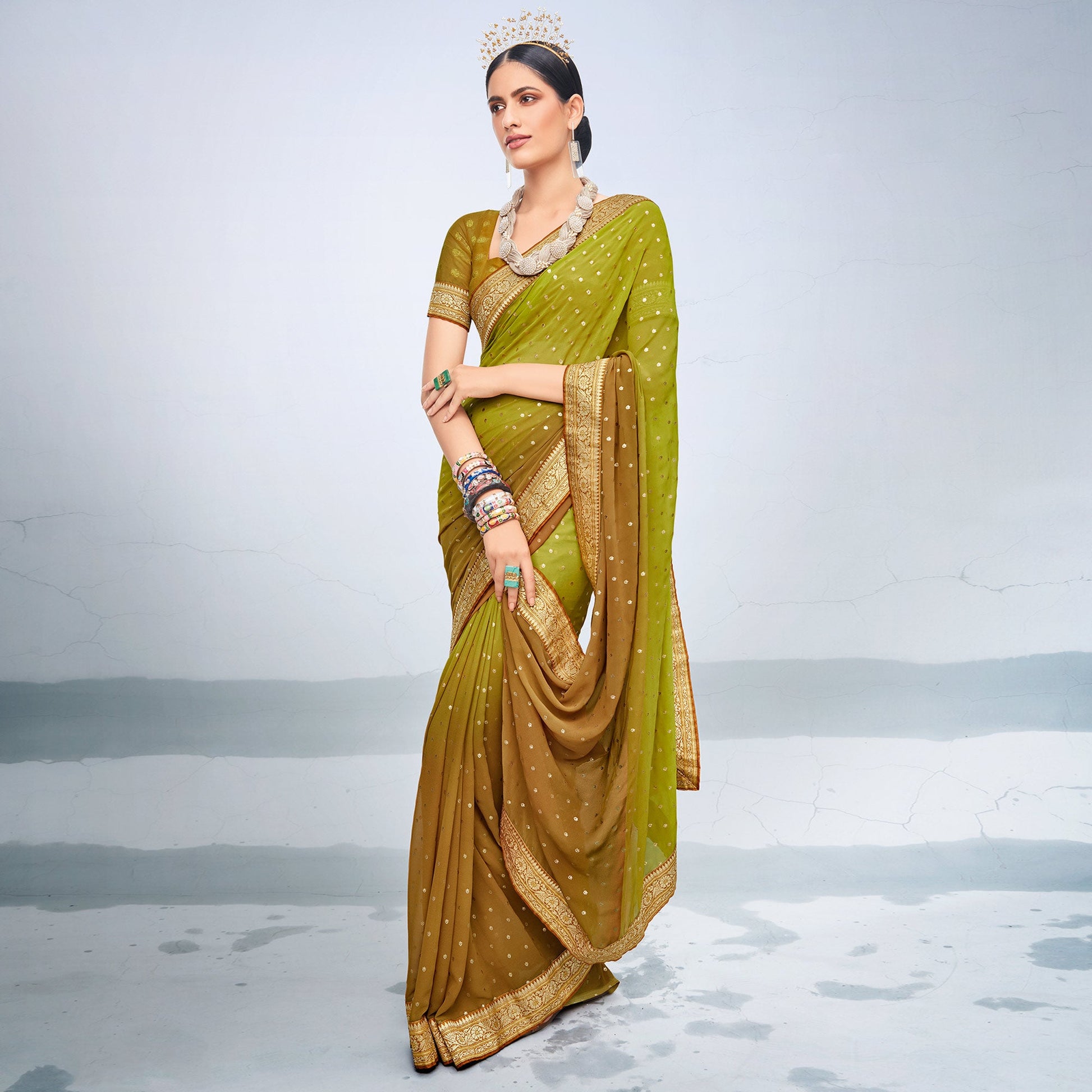 green-brown-foil-printed-georgette-saree