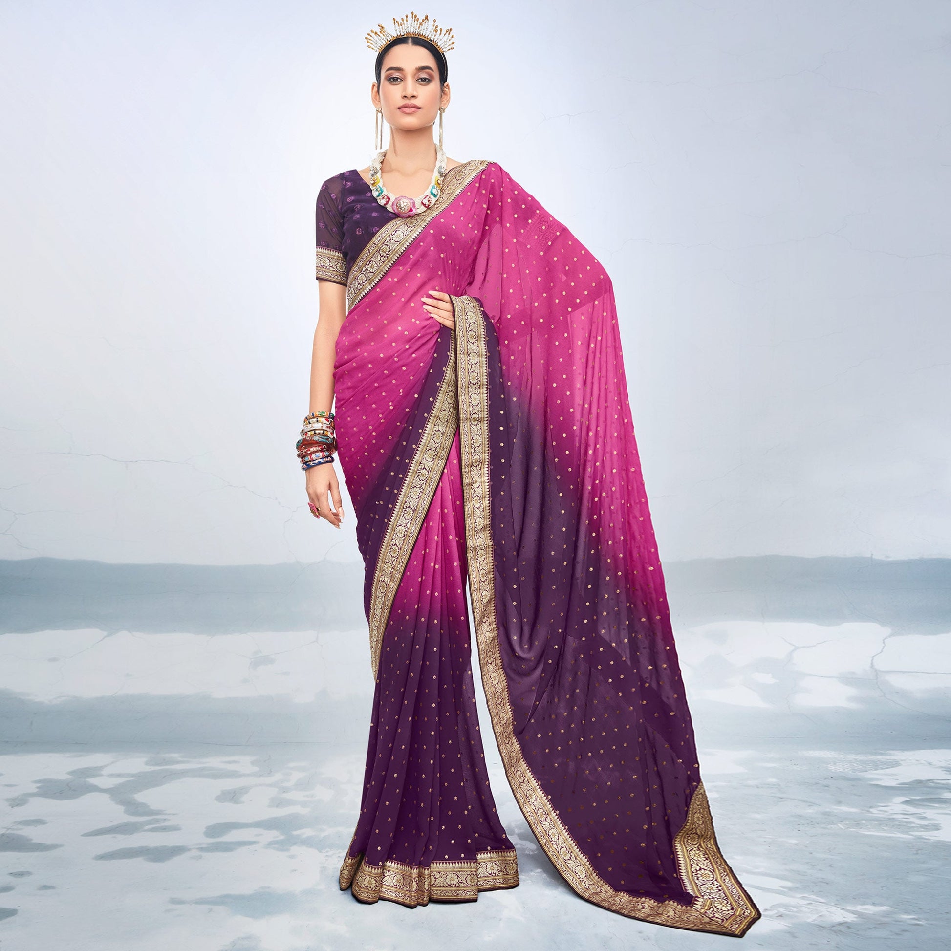 Magenta & Wine Foil Printed Georgette Saree