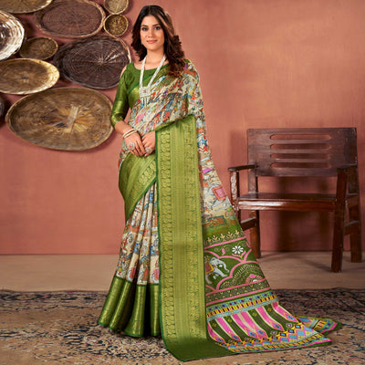 Cream & Green Printed With Woven Border Kota Doria Saree