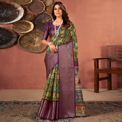 green-wine-printed-with-woven-border-kota-doria-saree
