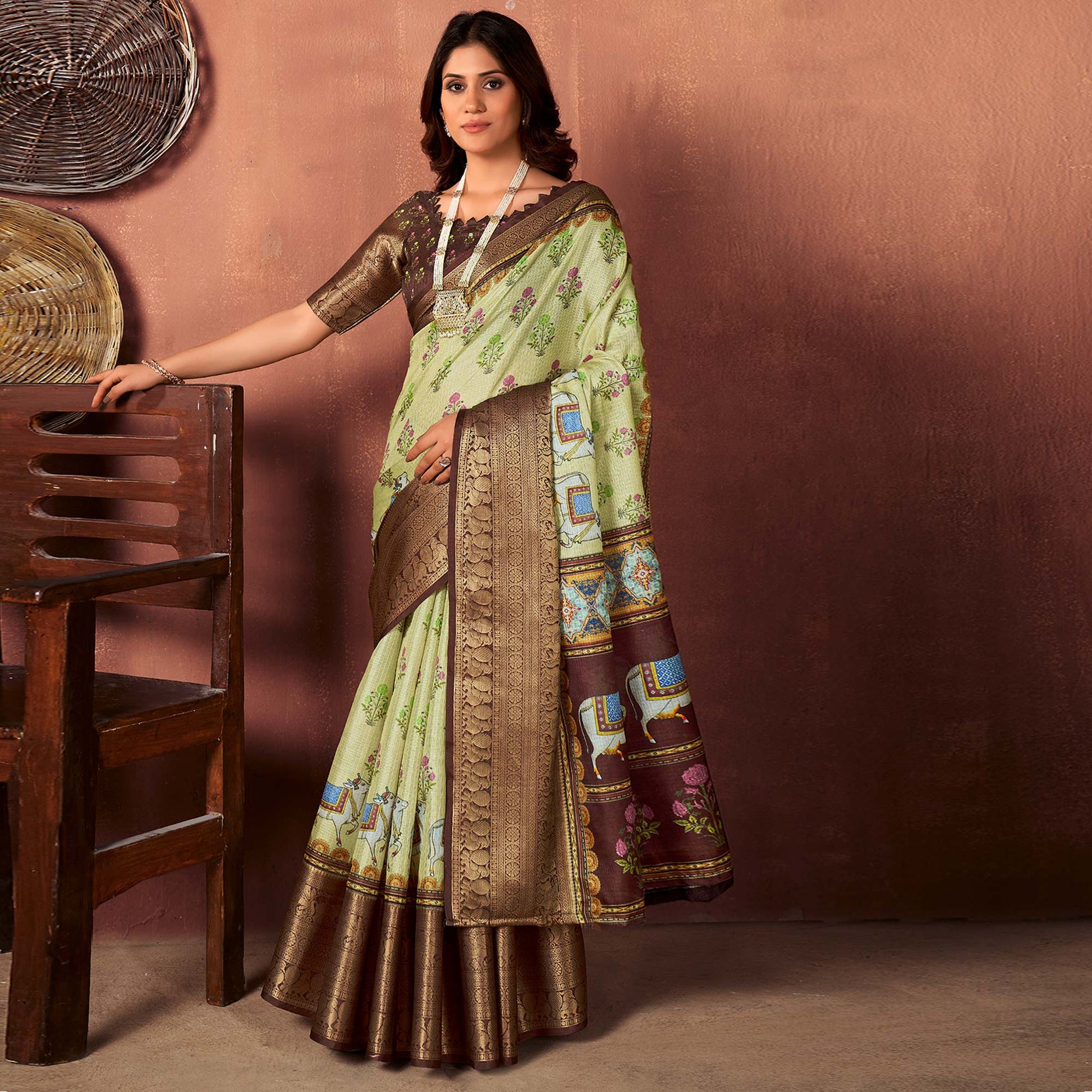 Light Green & Brown Printed With Woven Border Kota Doria Saree