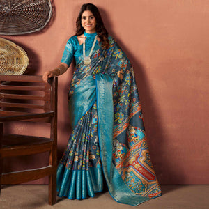 Charcoal Grey & Blue Printed With Woven Border Kota Doria Saree