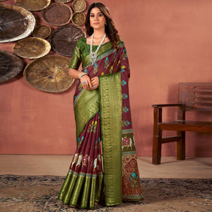 Maroon & Green Printed With Woven Border Kota Doria Saree
