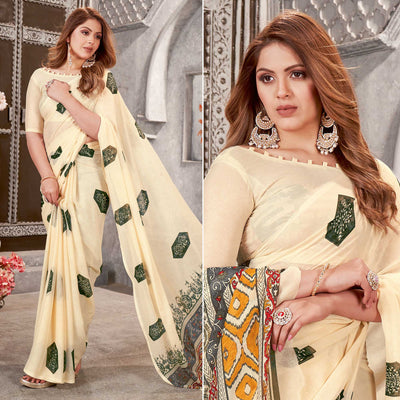 Cream Floral Printed Chiffon Saree