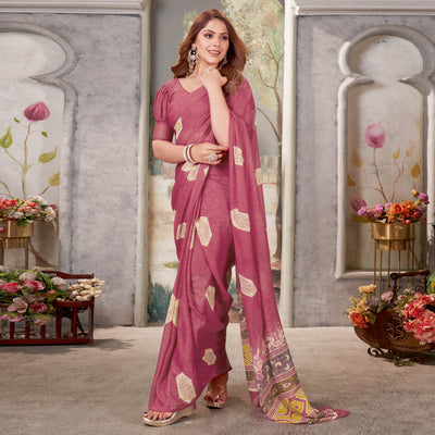 Mauve Floral Printed Chiffon Saree