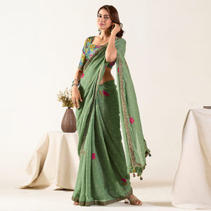 Dusty Green Printed With Woven Georgette Saree With Tassels