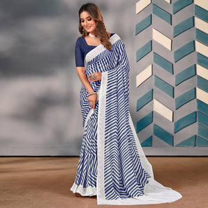 Blue Striped Printed Georgette Saree