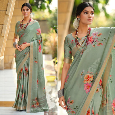 Dusty Green Floral Digital Printed Viscose Saree With Zari Border