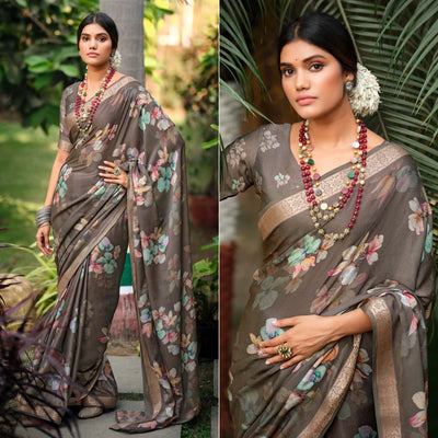 Brown Floral Digital Printed Viscose Saree With Zari Border