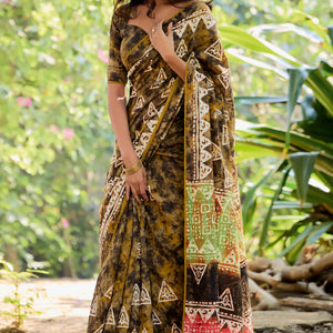 Mehendi Green Batik Printed Cotton Silk Saree