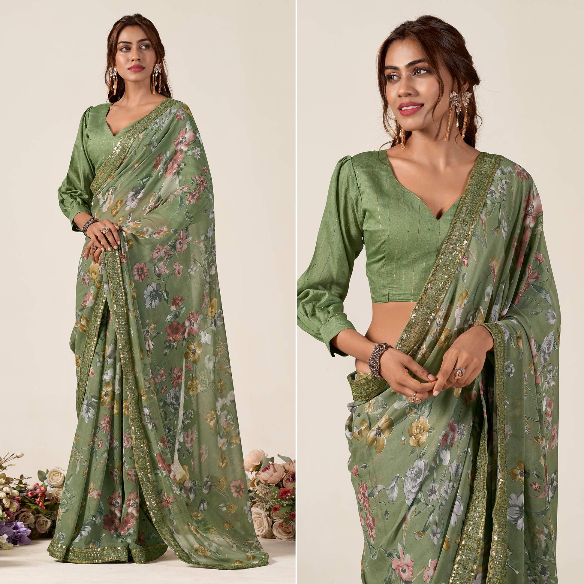 Dusty Green Floral Printed Chiffon Saree With Designer Border