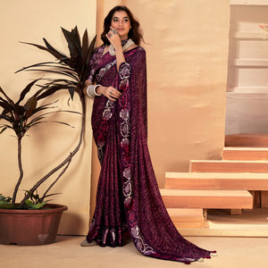 Magenta Floral Printed Georgette Saree with Satin Border
