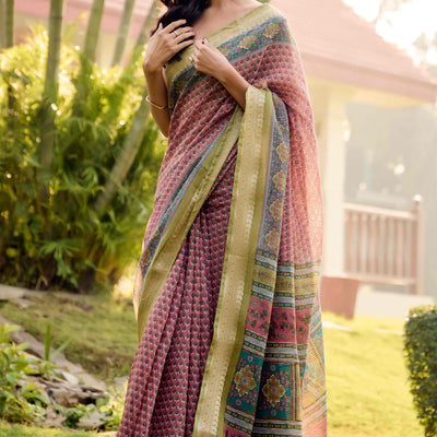 Dusty Pink Printed Mulmul Cotton Saree With Jacquard Border