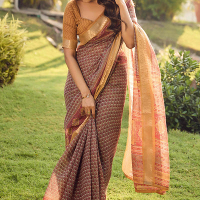 Brown Printed Mulmul Cotton Saree With Jacquard Border