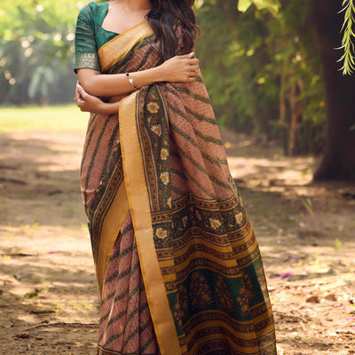 Brown Printed Mulmul Cotton Saree With Jacquard Border