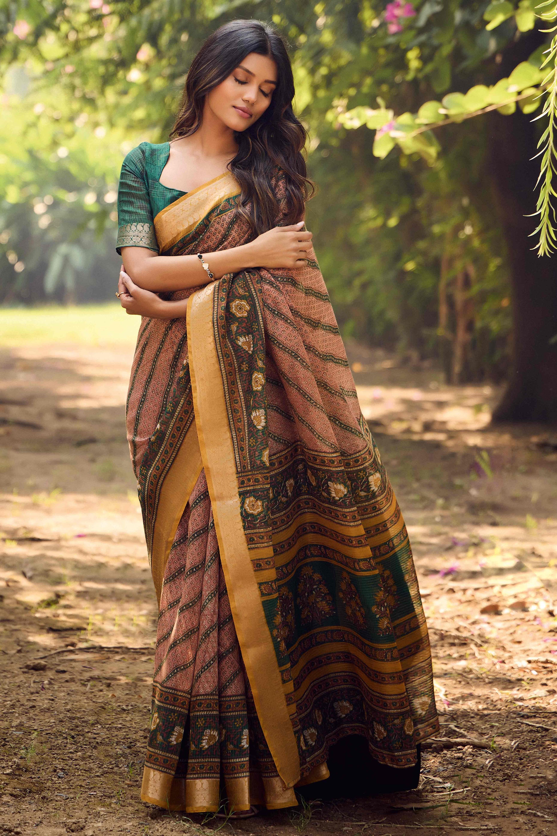 Brown Printed Mulmul Cotton Saree With Jacquard Border