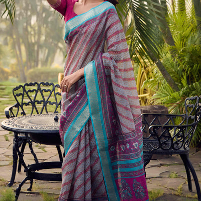 Grey Printed Mulmul Cotton Saree With Jacquard Border