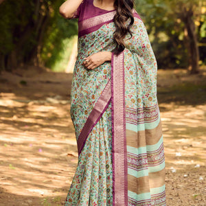Mint Green Printed Mulmul Cotton Saree With Jacquard Border