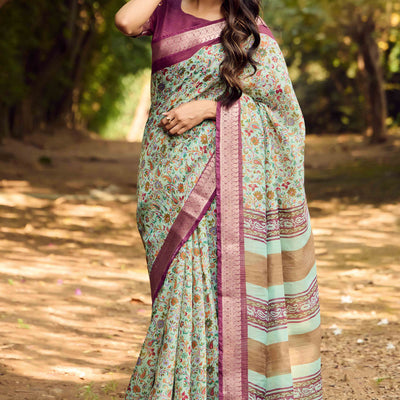 Mint Green Printed Mulmul Cotton Saree With Jacquard Border
