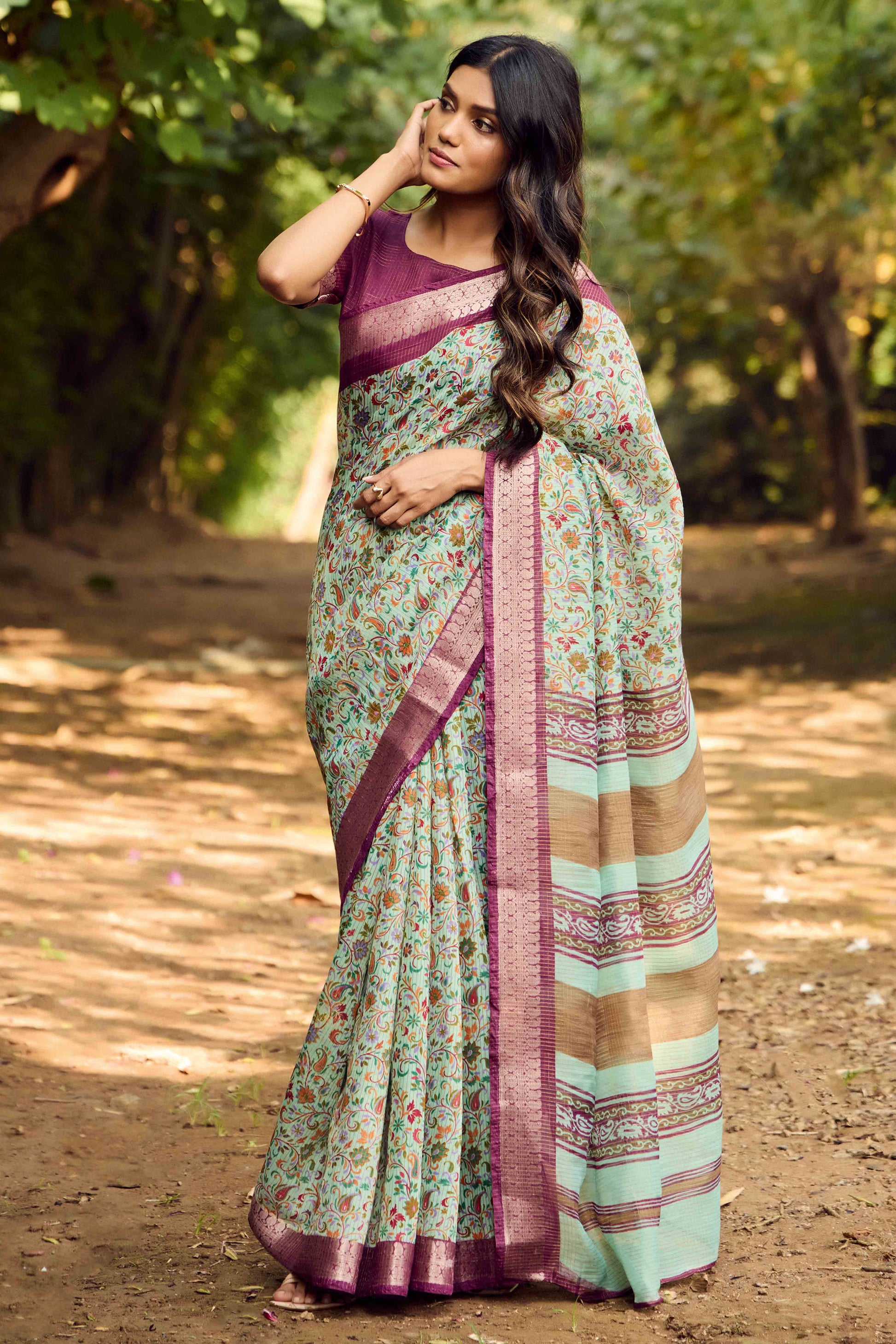 Mint Green Printed Mulmul Cotton Saree With Jacquard Border
