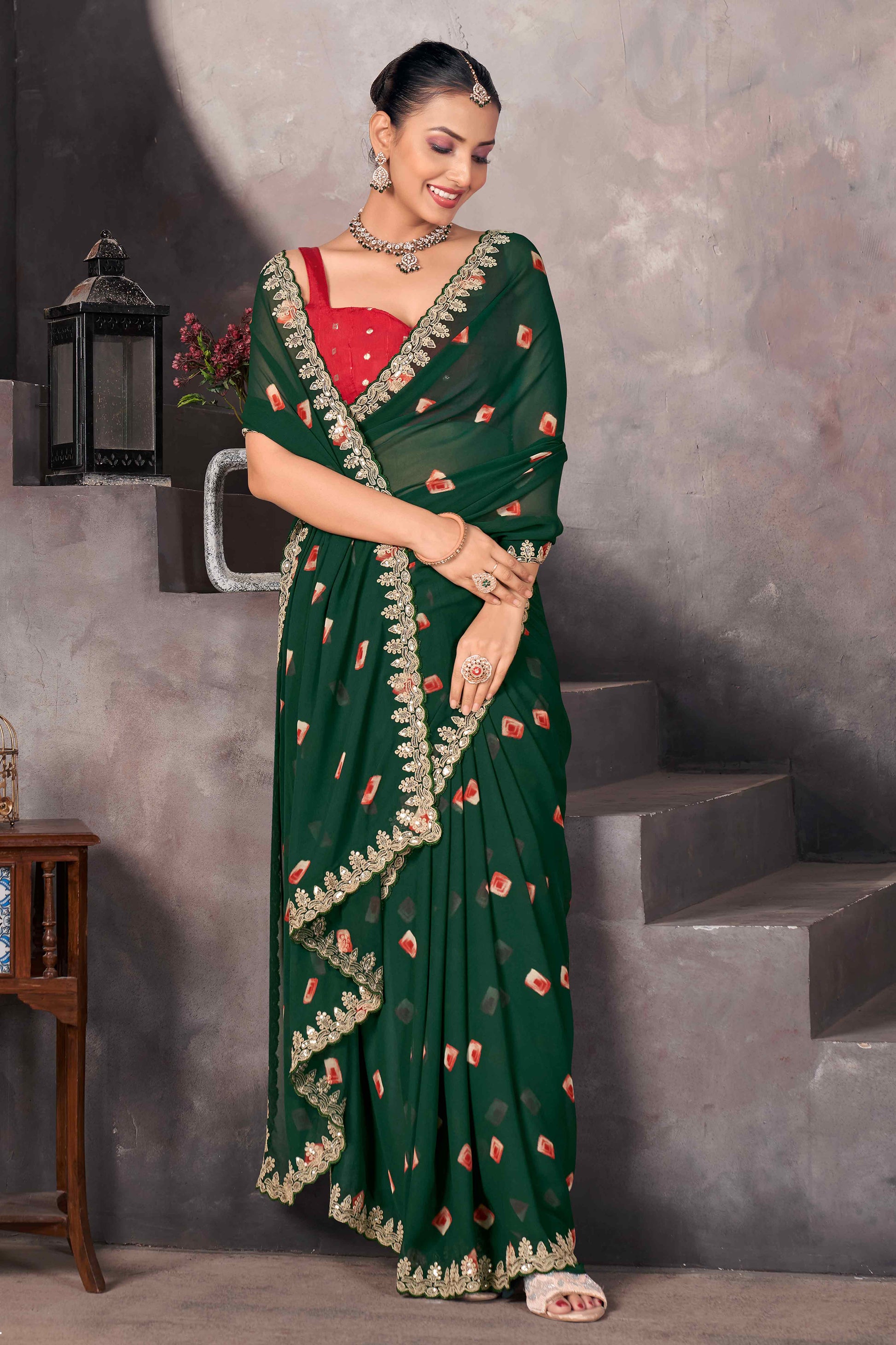 green-bandhani-printed-georgette-saree-5