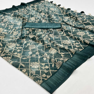 Deep Sea Green Floral Foil Printed Georgette Saree With Tassels