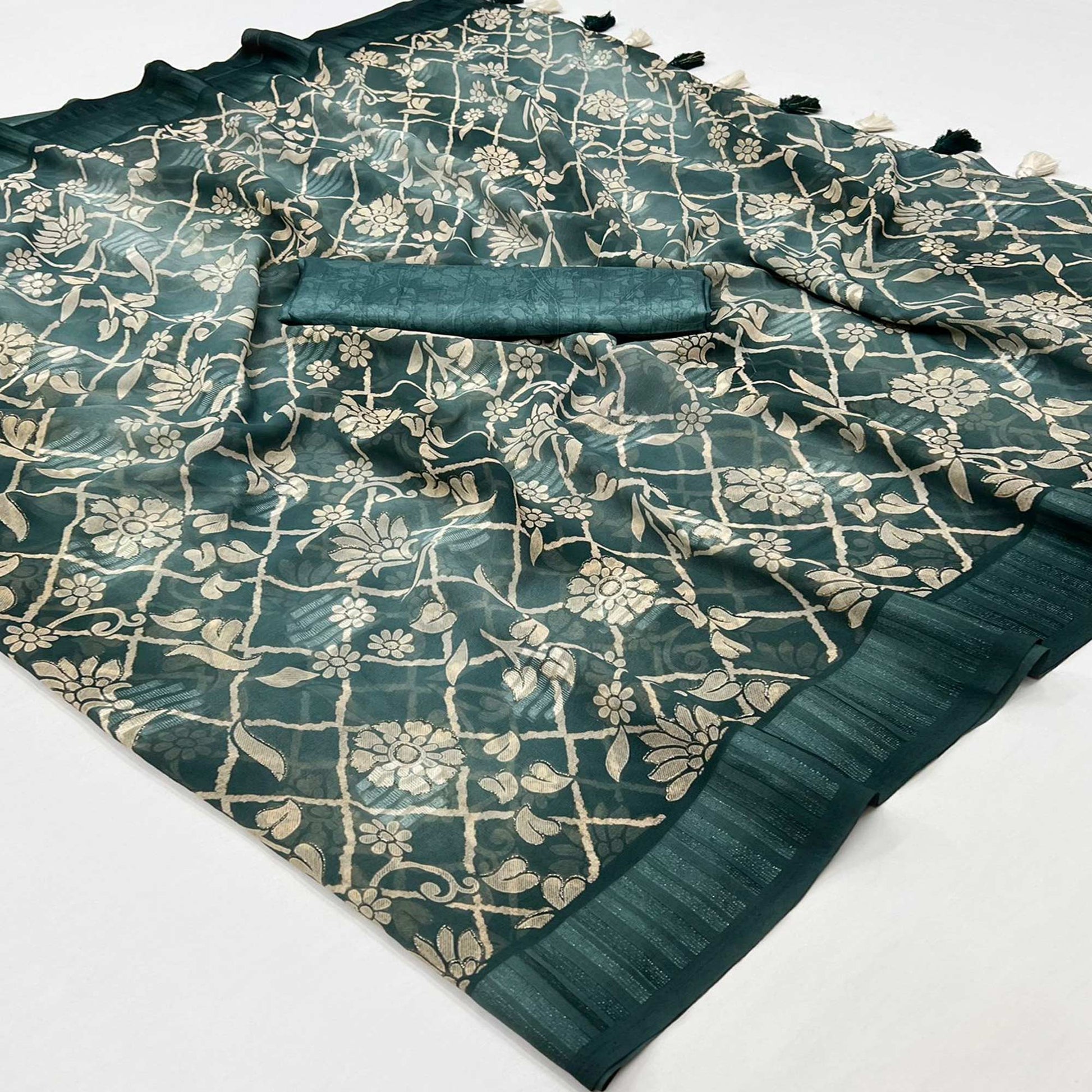 Deep Sea Green Floral Foil Printed Georgette Saree With Tassels