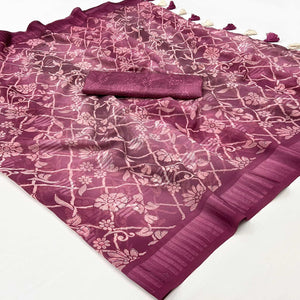 Dark Mauve Floral Foil Printed Georgette Saree With Tassels