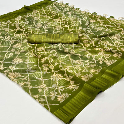 green-floral-foil-printed-georgette-saree-with-tassels
