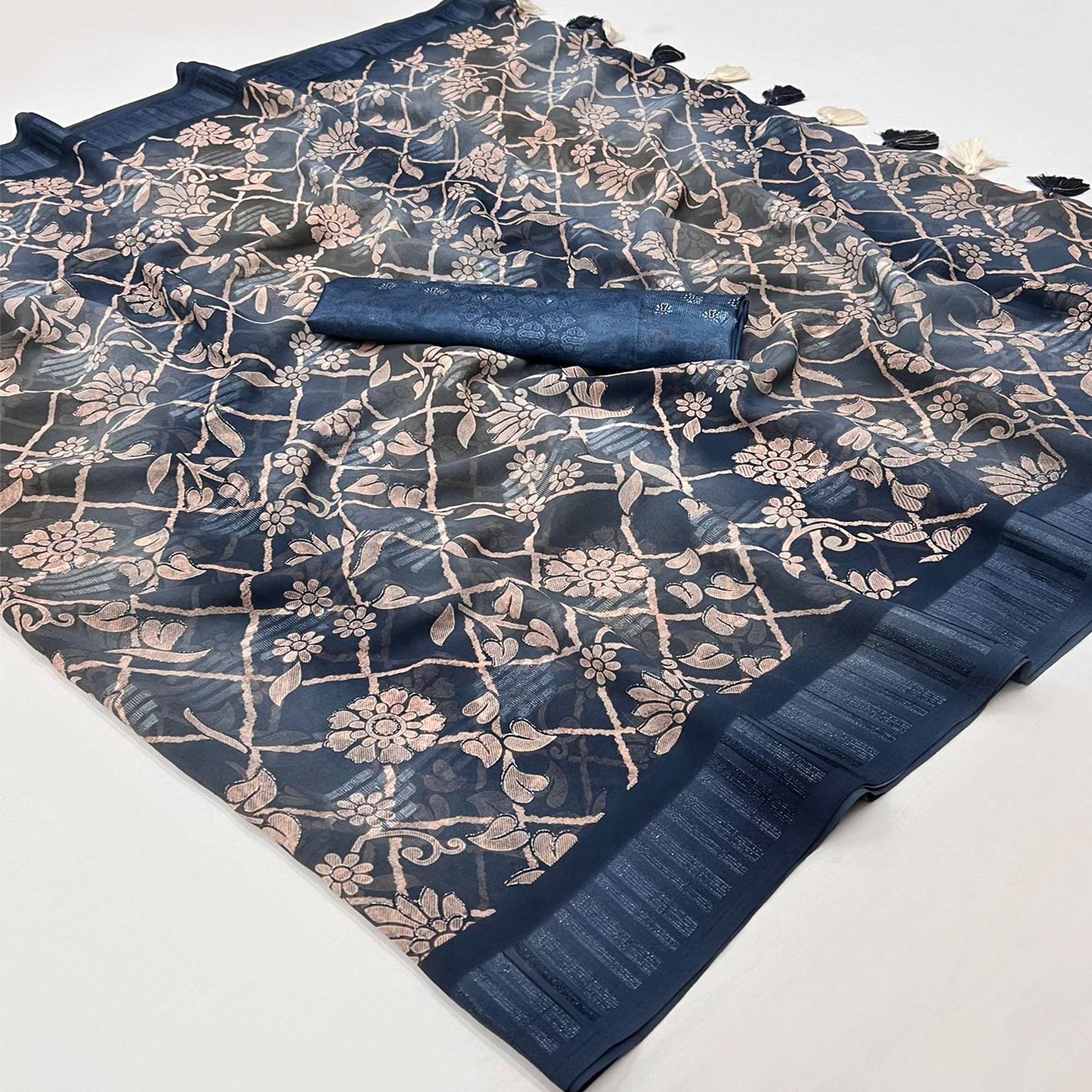 Bluish Grey Floral Foil Printed Georgette Saree With Tassels