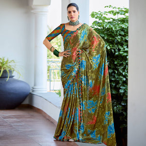 green-printed-satin-saree-with-frill-border