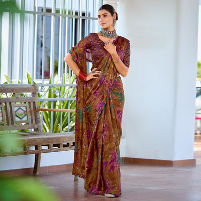 Brown Printed Satin Saree With Frill Border
