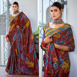 Dark Brown Printed Satin Saree With Frill Border