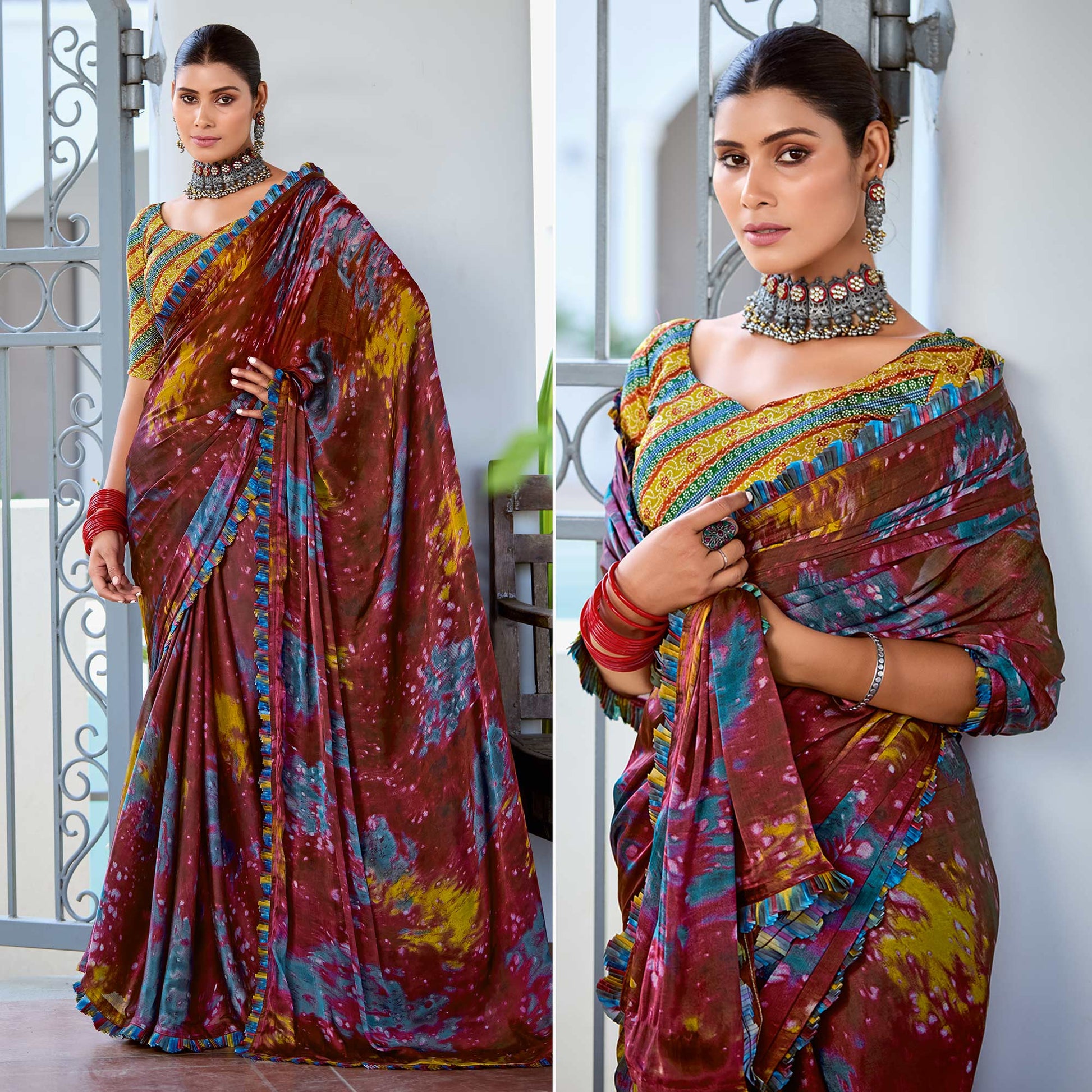 Dark Brown Printed Satin Saree With Frill Border