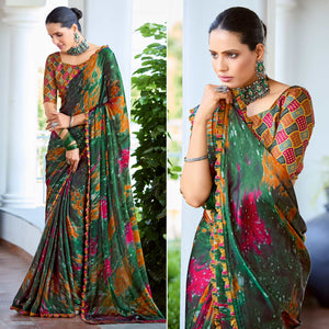 Bottle Green Printed Satin Saree With Frill Border