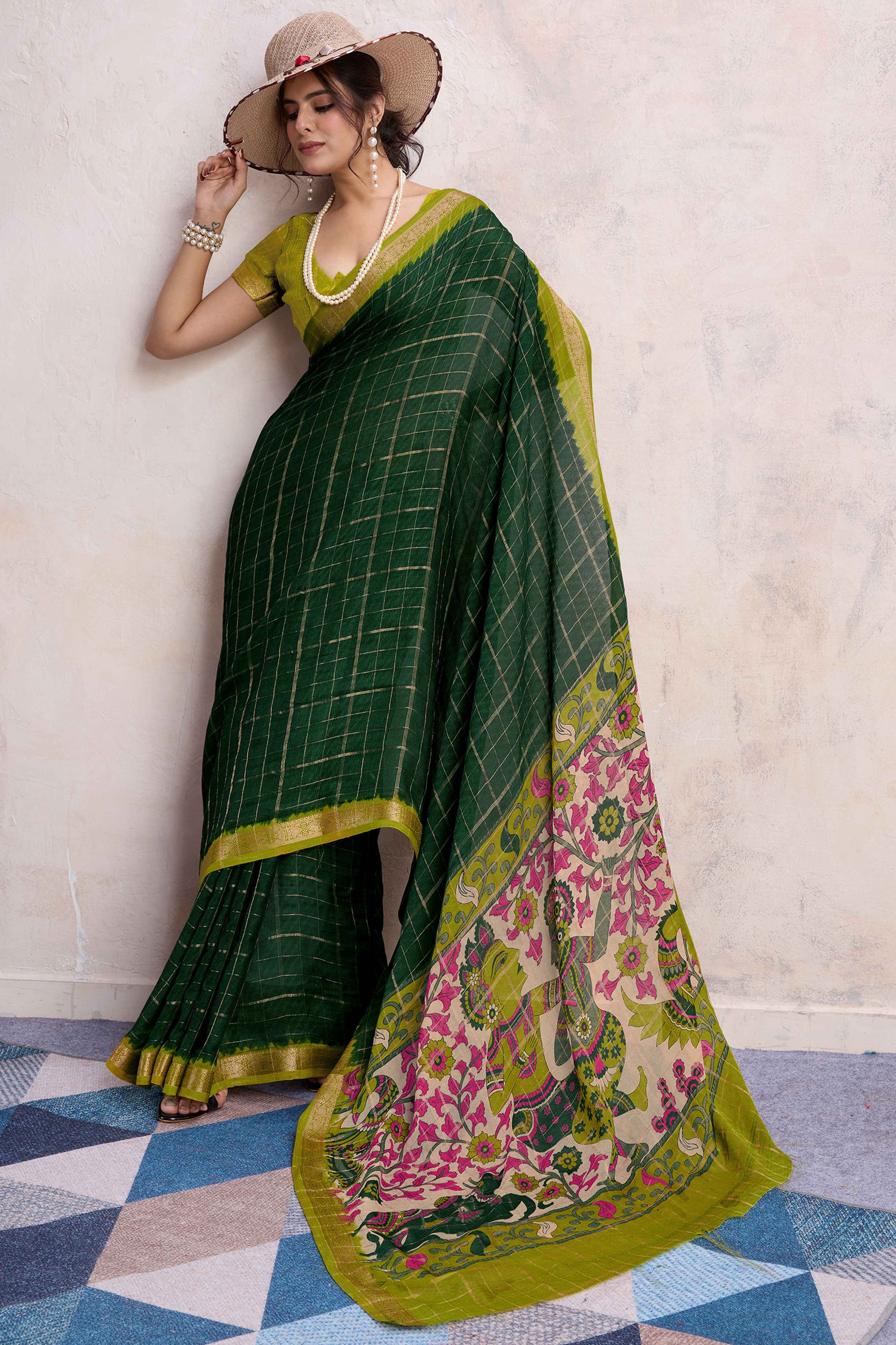 Dark Green Zari Woven Cotton Silk Saree
