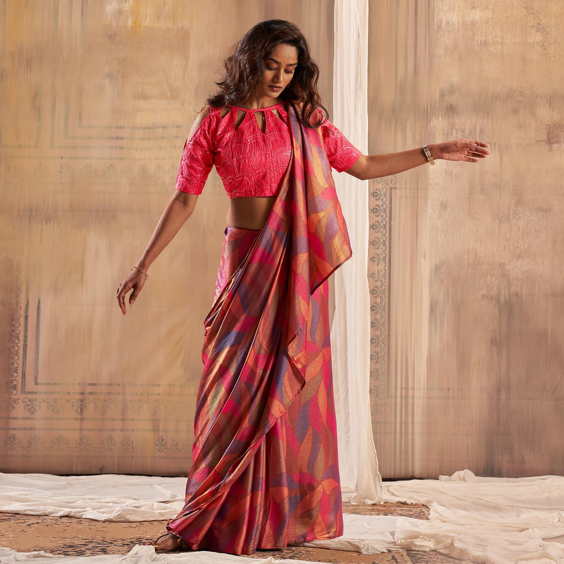 Gajri Pink Printed Nylon Saree With Tassels