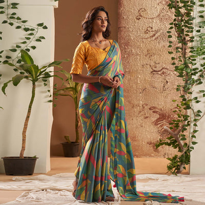 Bluish Grey Printed Nylon Saree With Tassels