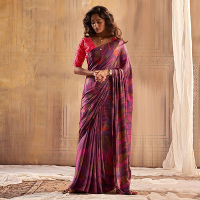 Magenta Printed Nylon Saree With Tassels