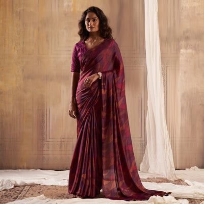 Magenta Printed Nylon Saree With Tassels