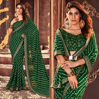 Bottle Green Striped Printed Georgette Saree