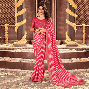 Gajri Pink Striped Printed Georgette Saree
